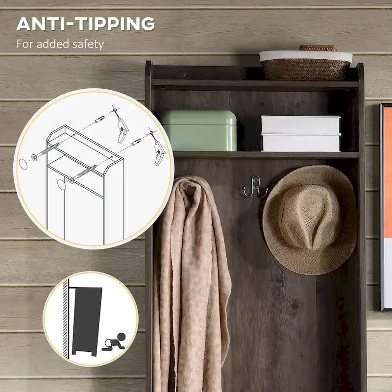 Rustic Hall Tree with Shoe Storage Bench and Coat Rack - Brown and White