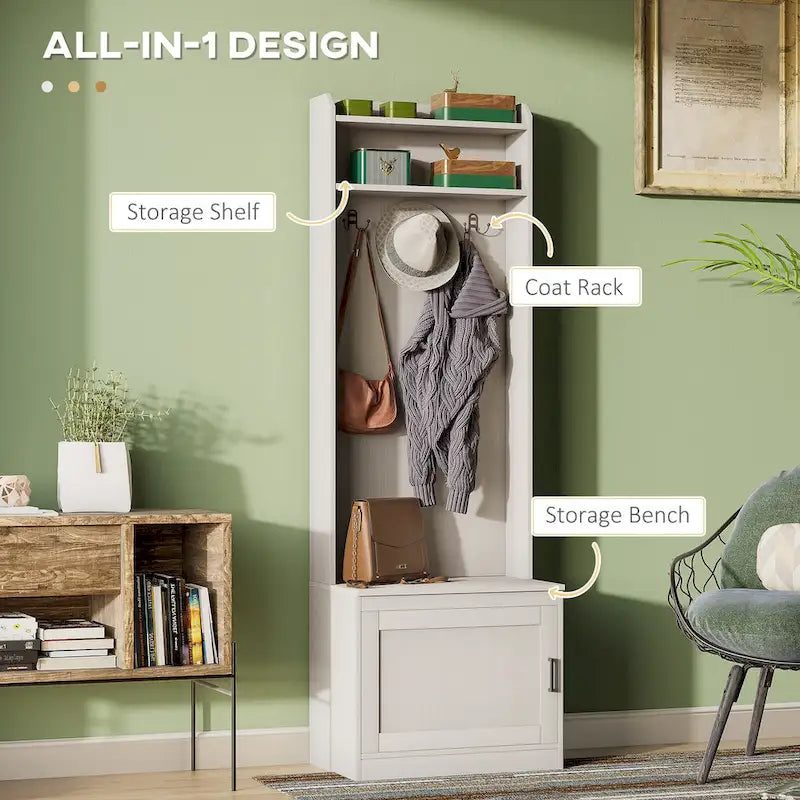 Rustic Hall Tree with Shoe Storage Bench and Coat Rack - Brown and White