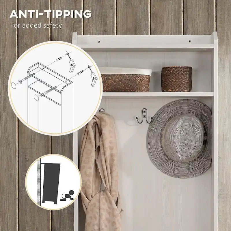 Rustic Hall Tree with Shoe Storage Bench and Coat Rack - Brown and White
