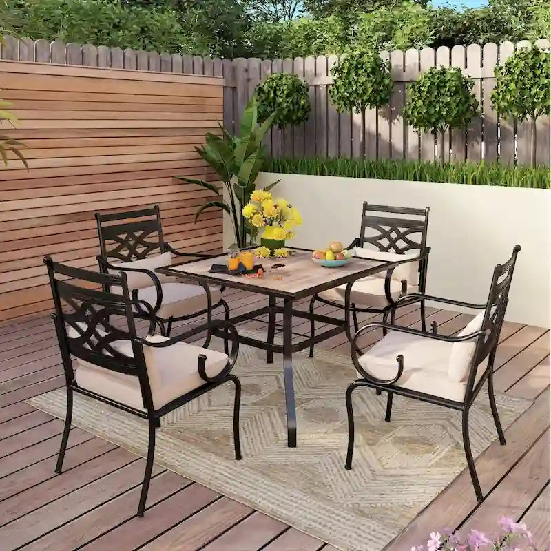 MAISON ARTS Wood-look Table and 4 Pattern Swivel Chairs with Cushion 5-Piece Metal Outdoor Patio Dining Set