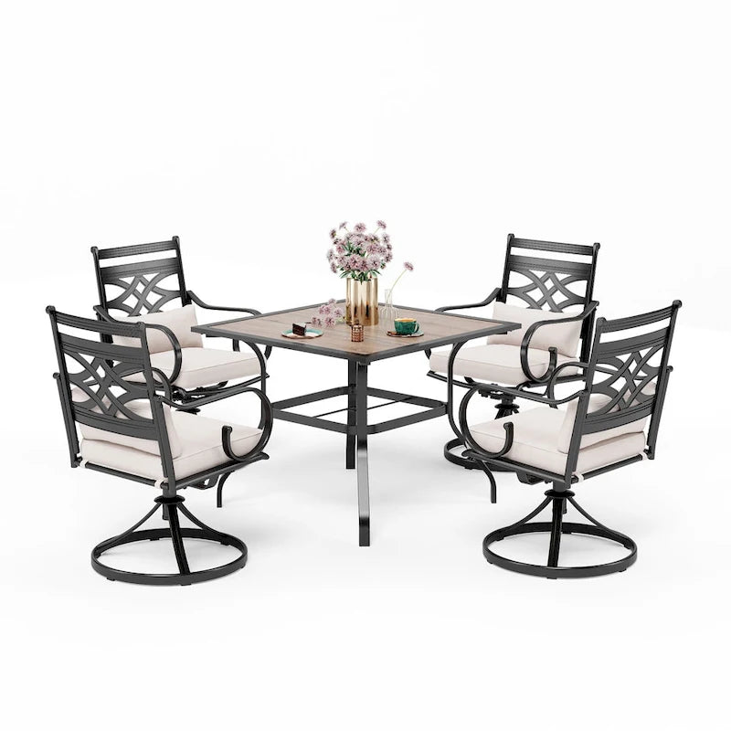 MAISON ARTS Wood-look Table and 4 Pattern Swivel Chairs with Cushion 5-Piece Metal Outdoor Patio Dining Set
