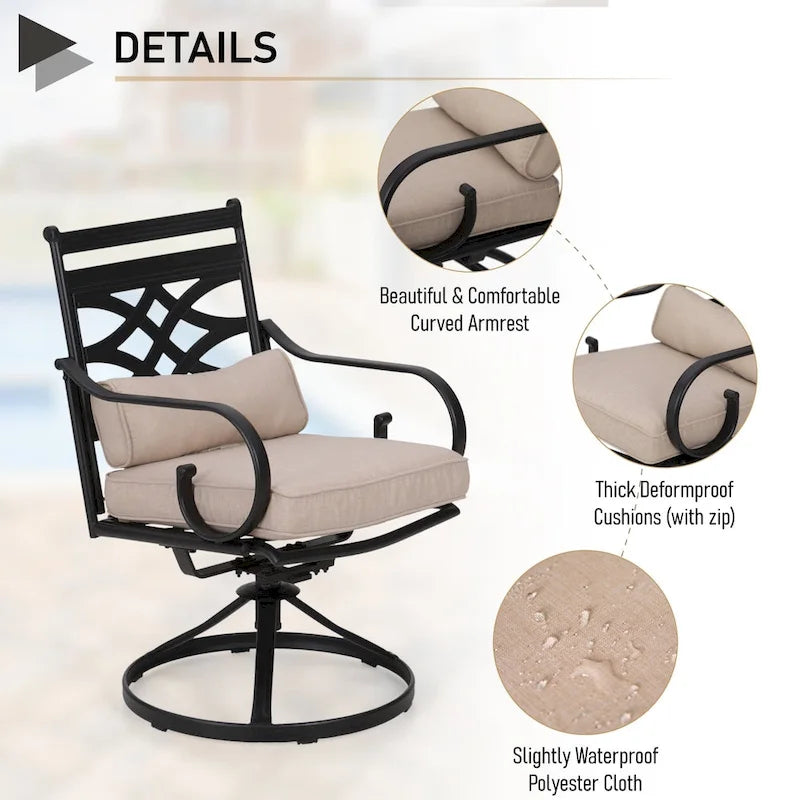 MAISON ARTS Wood-look Table and 4 Pattern Swivel Chairs with Cushion 5-Piece Metal Outdoor Patio Dining Set