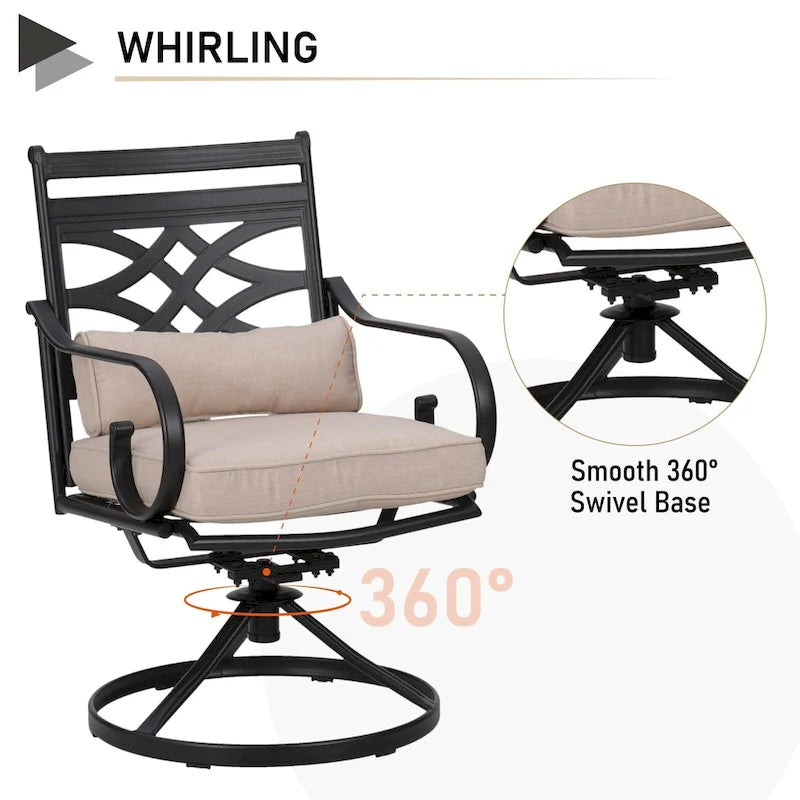 MAISON ARTS Wood-look Table and 4 Pattern Swivel Chairs with Cushion 5-Piece Metal Outdoor Patio Dining Set