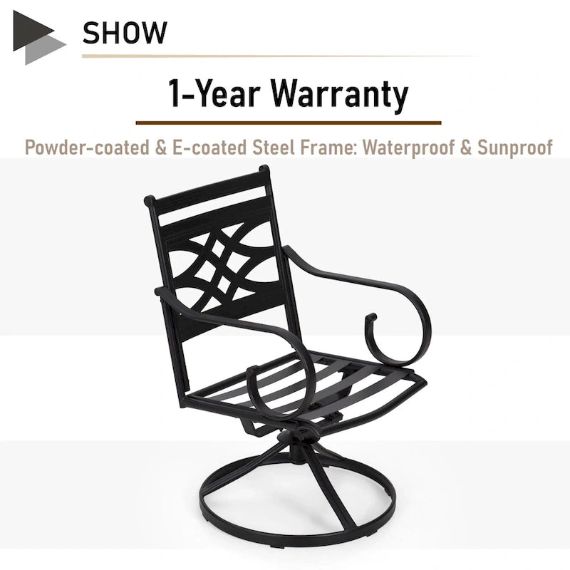 MAISON ARTS Wood-look Table and 4 Pattern Swivel Chairs with Cushion 5-Piece Metal Outdoor Patio Dining Set