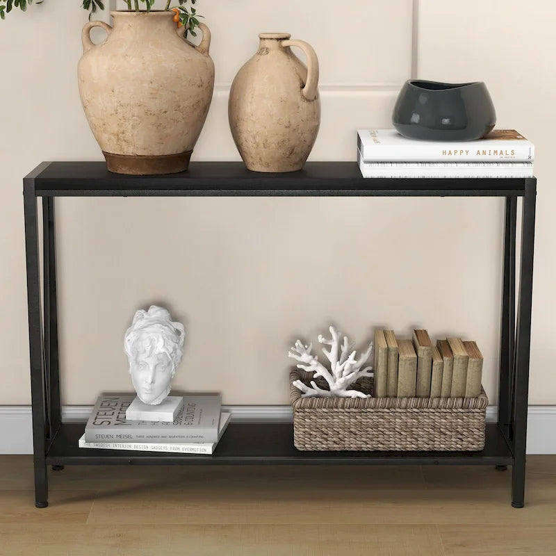 39.4" Narrow Console Table with 2-Tier Shelves - Black, Brown, Grey