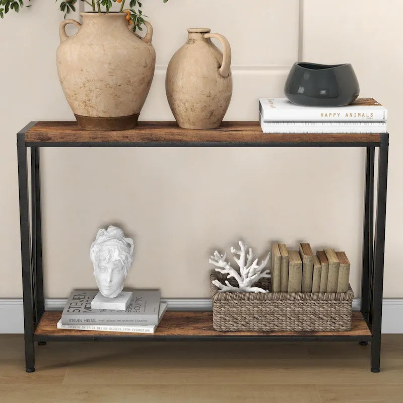 39.4" Narrow Console Table with 2-Tier Shelves - Black, Brown, Grey