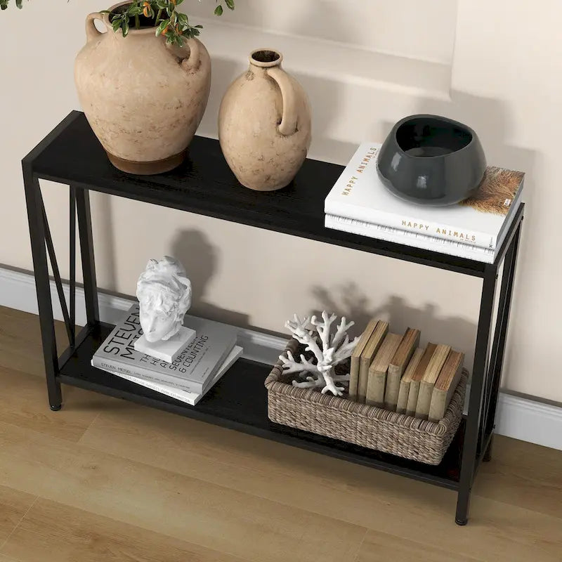 39.4" Narrow Console Table with 2-Tier Shelves - Black, Brown, Grey