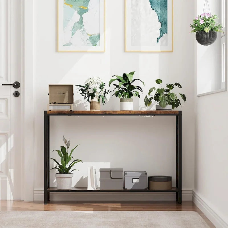 39.4" Narrow Console Table with 2-Tier Shelves - Black, Brown, Grey