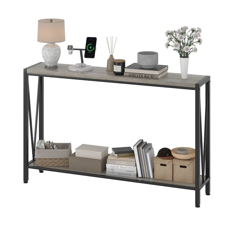 39.4" Narrow Console Table with 2-Tier Shelves - Black, Brown, Grey