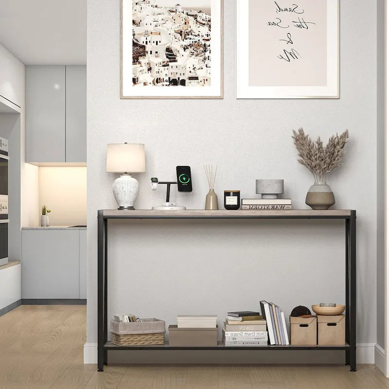 39.4" Narrow Console Table with 2-Tier Shelves - Black, Brown, Grey
