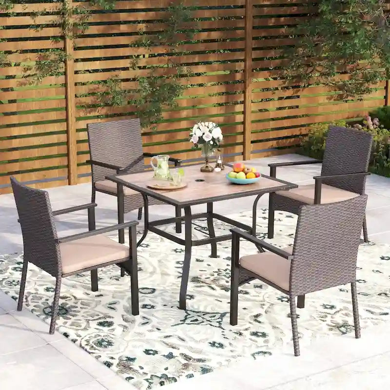 5-Piece Patio Dining Set, 36  Square Acacia Wood Table and 4 Rattan Armrest Chairs