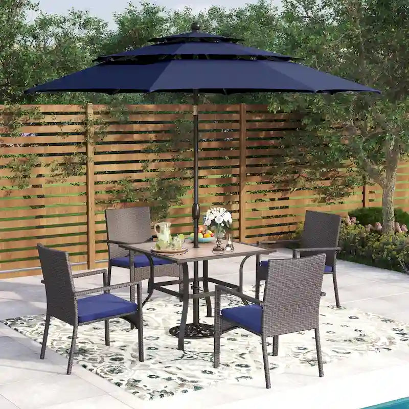 5-Piece Patio Dining Set, 36  Square Acacia Wood Table and 4 Rattan Armrest Chairs
