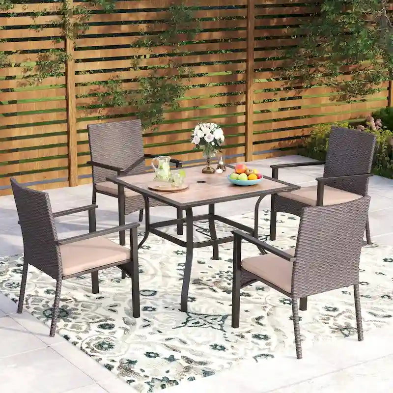 5-Piece Patio Dining Set, 36  Square Acacia Wood Table and 4 Rattan Armrest Chairs