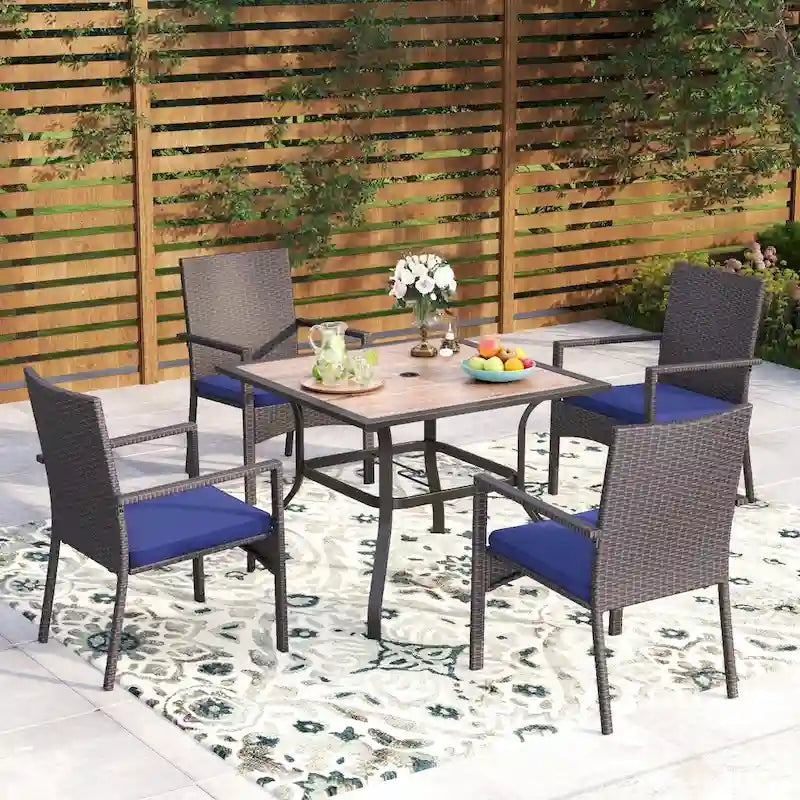 5-Piece Patio Dining Set, 36  Square Acacia Wood Table and 4 Rattan Armrest Chairs