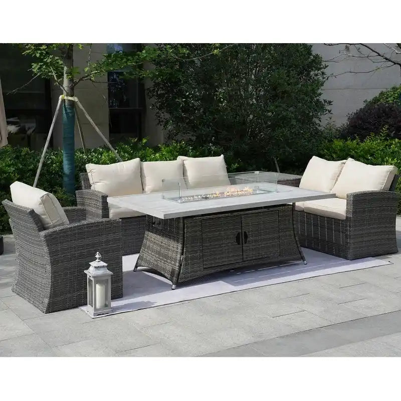 5-Piece Patio Wicker Conversation Sofa with Firepit Table and Storage Box