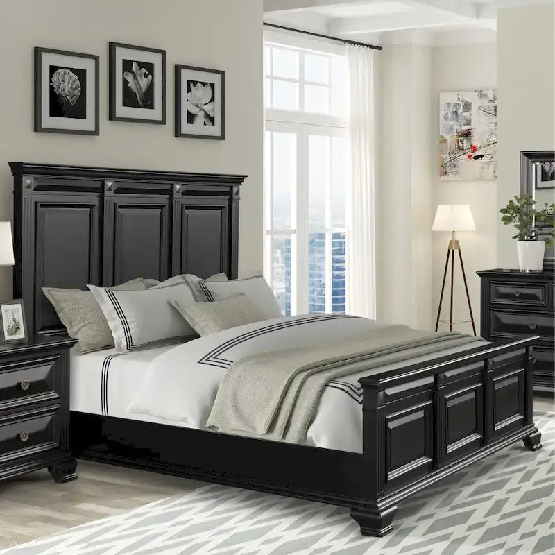 Vintage Black Wood Panel Bed with Fluted Pilasters - King and Queen