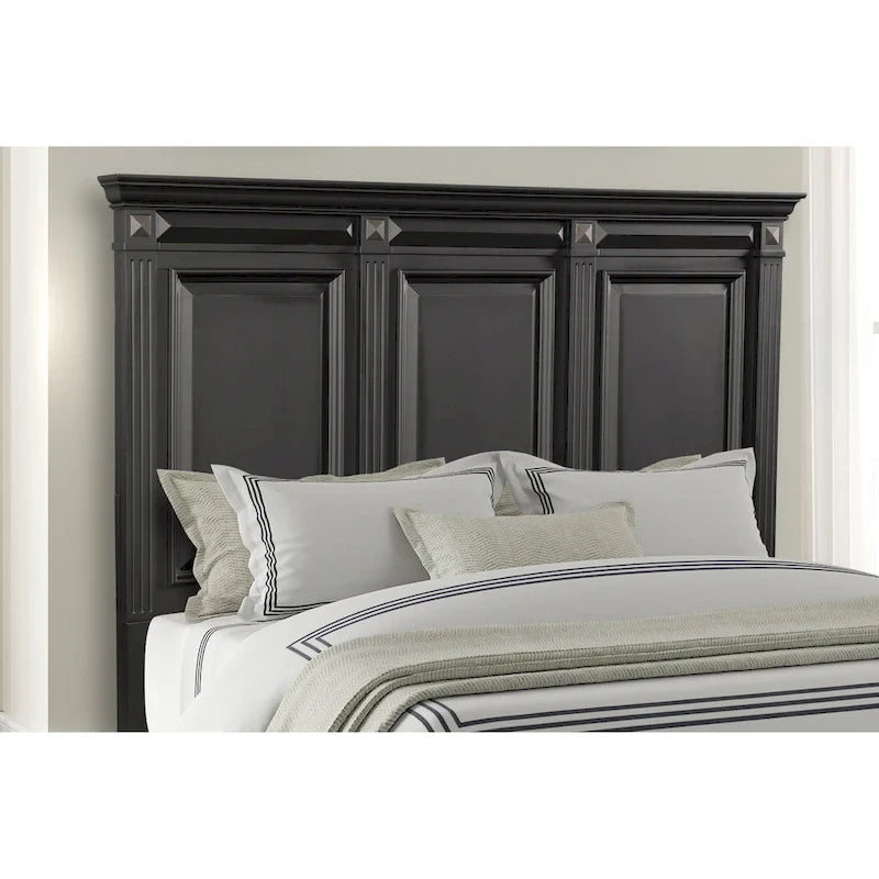 Vintage Black Wood Panel Bed with Fluted Pilasters - King and Queen