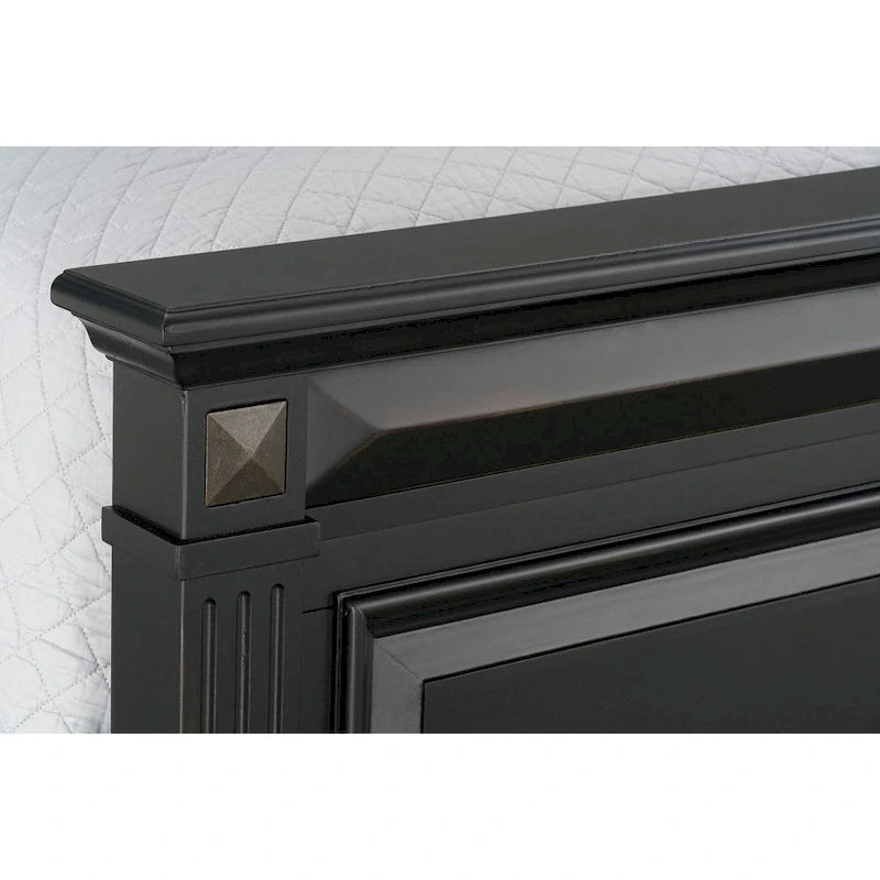 Vintage Black Wood Panel Bed with Fluted Pilasters - King and Queen