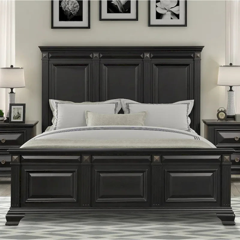 Vintage Black Wood Panel Bed with Fluted Pilasters - King and Queen