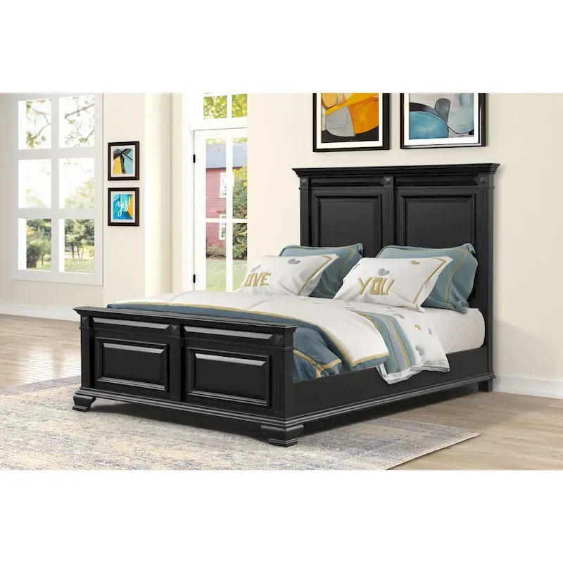 Vintage Black Wood Panel Bed with Fluted Pilasters - King and Queen