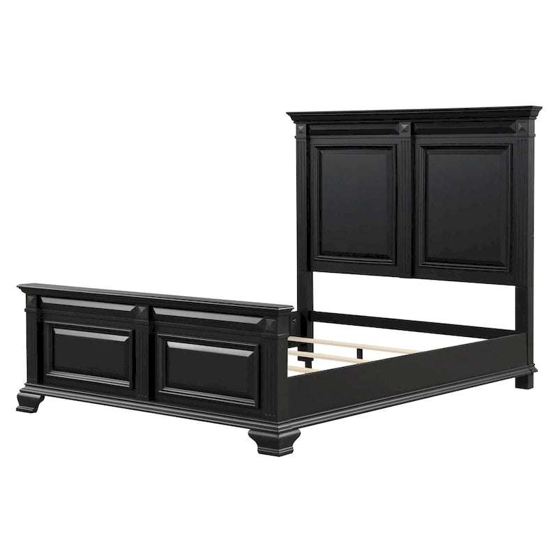 Vintage Black Wood Panel Bed with Fluted Pilasters - King and Queen