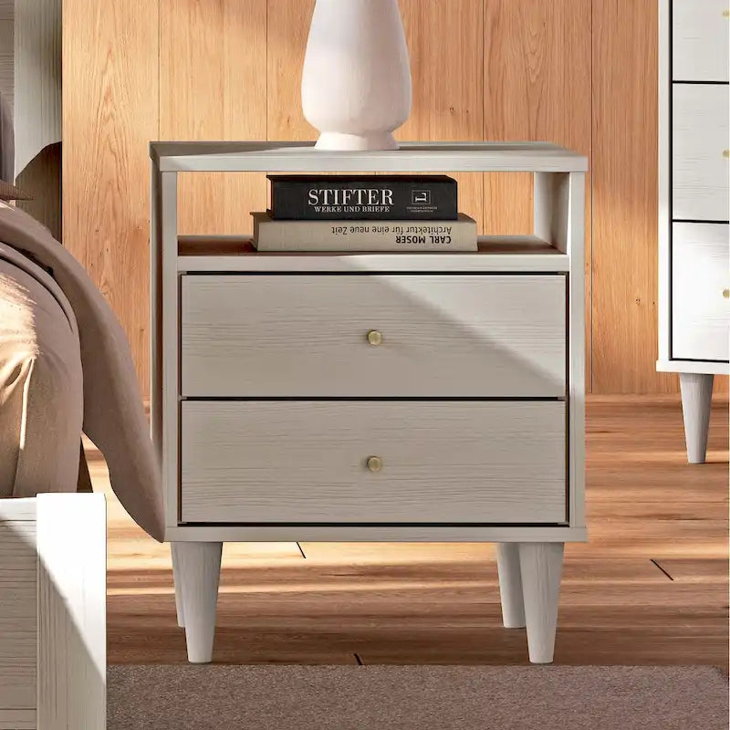 Two-Drawer Nightstand with Cone-Shaped Legs - Brushed Walnut and Brushed White