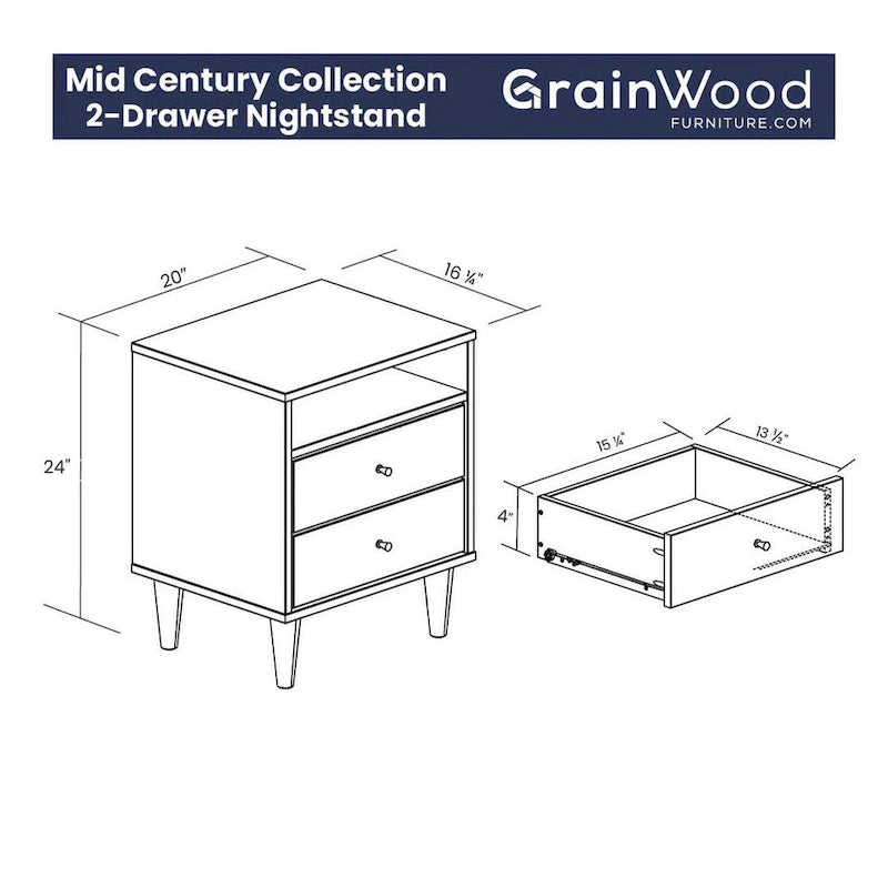 Two-Drawer Nightstand with Cone-Shaped Legs - Brushed Walnut and Brushed White