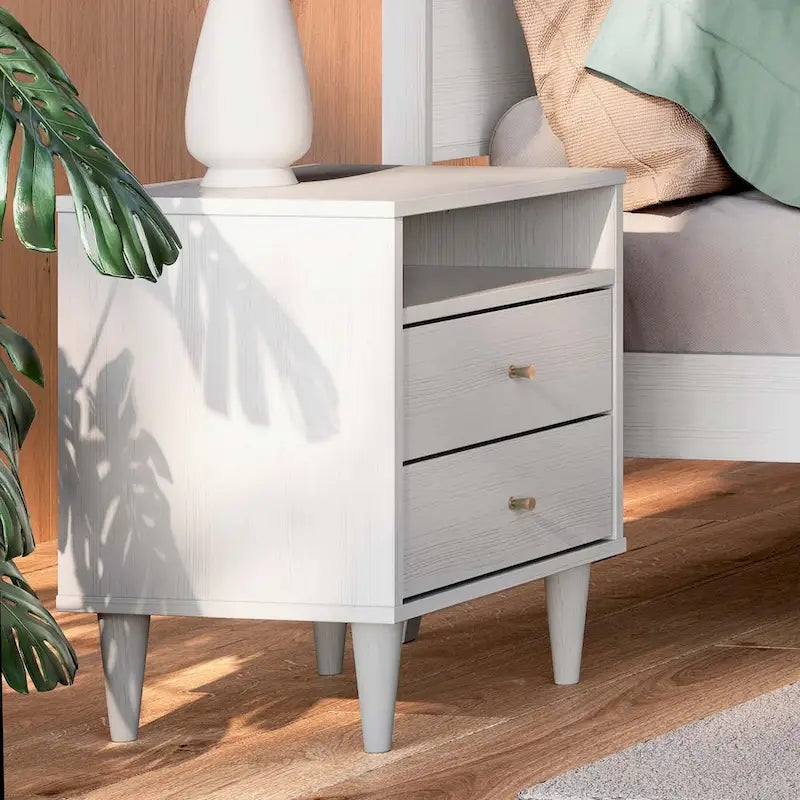 Two-Drawer Nightstand with Cone-Shaped Legs - Brushed Walnut and Brushed White