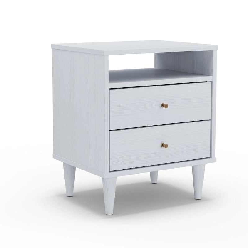 Two-Drawer Nightstand with Cone-Shaped Legs - Brushed Walnut and Brushed White