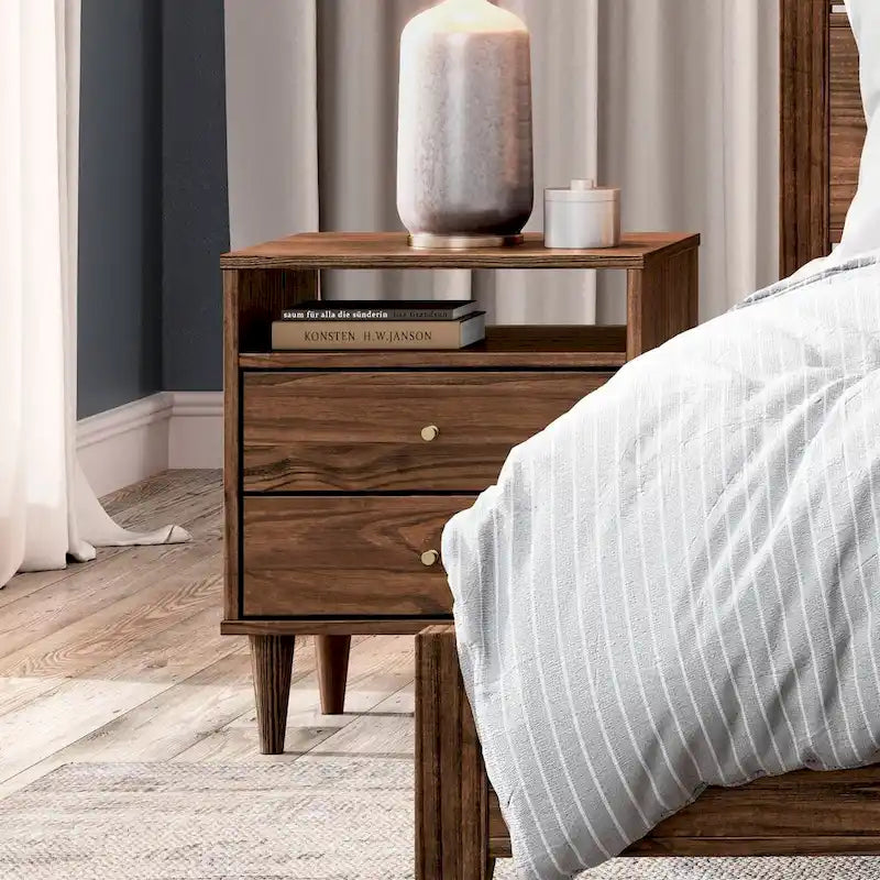 Two-Drawer Nightstand with Cone-Shaped Legs - Brushed Walnut and Brushed White