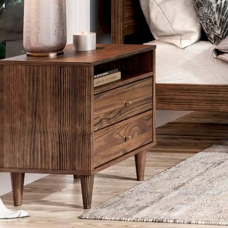 Two-Drawer Nightstand with Cone-Shaped Legs - Brushed Walnut and Brushed White
