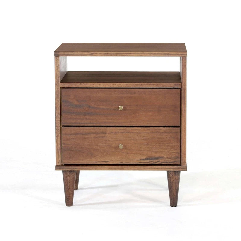Two-Drawer Nightstand with Cone-Shaped Legs - Brushed Walnut and Brushed White