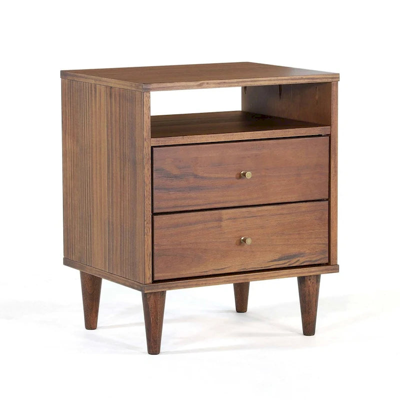 Two-Drawer Nightstand with Cone-Shaped Legs - Brushed Walnut and Brushed White