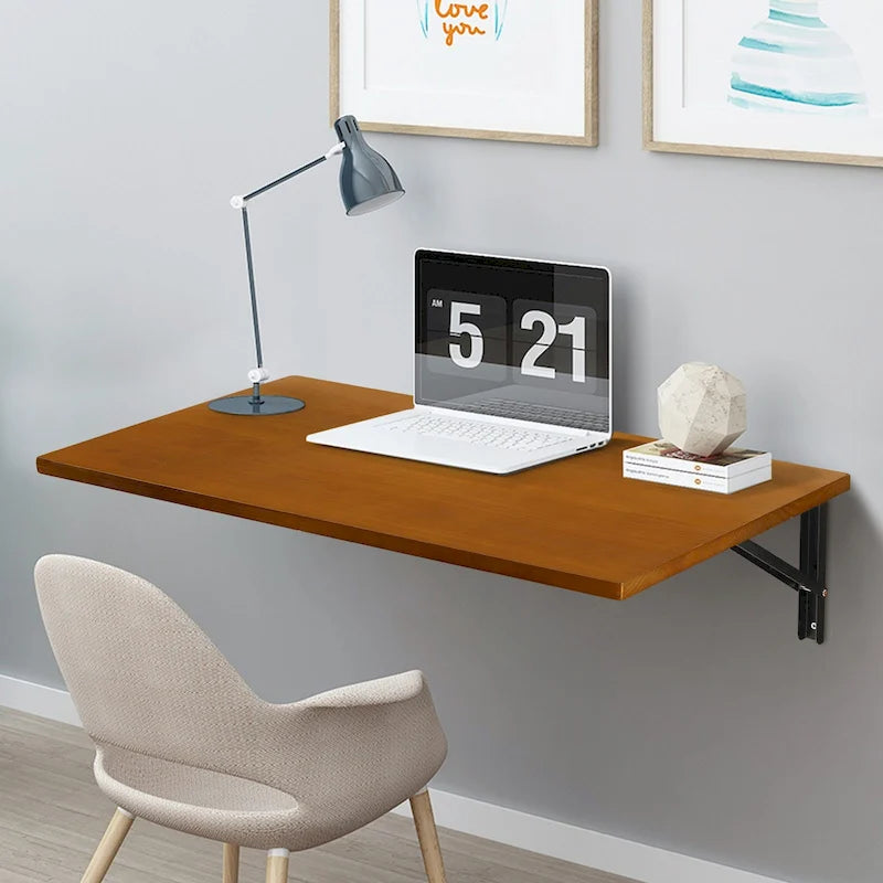 Wall Mounted Folding Desk with Wooden Shelf - Brown