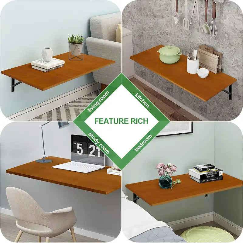 Wall Mounted Folding Desk with Wooden Shelf - Brown