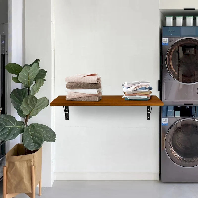 Wall Mounted Folding Desk with Wooden Shelf - Brown