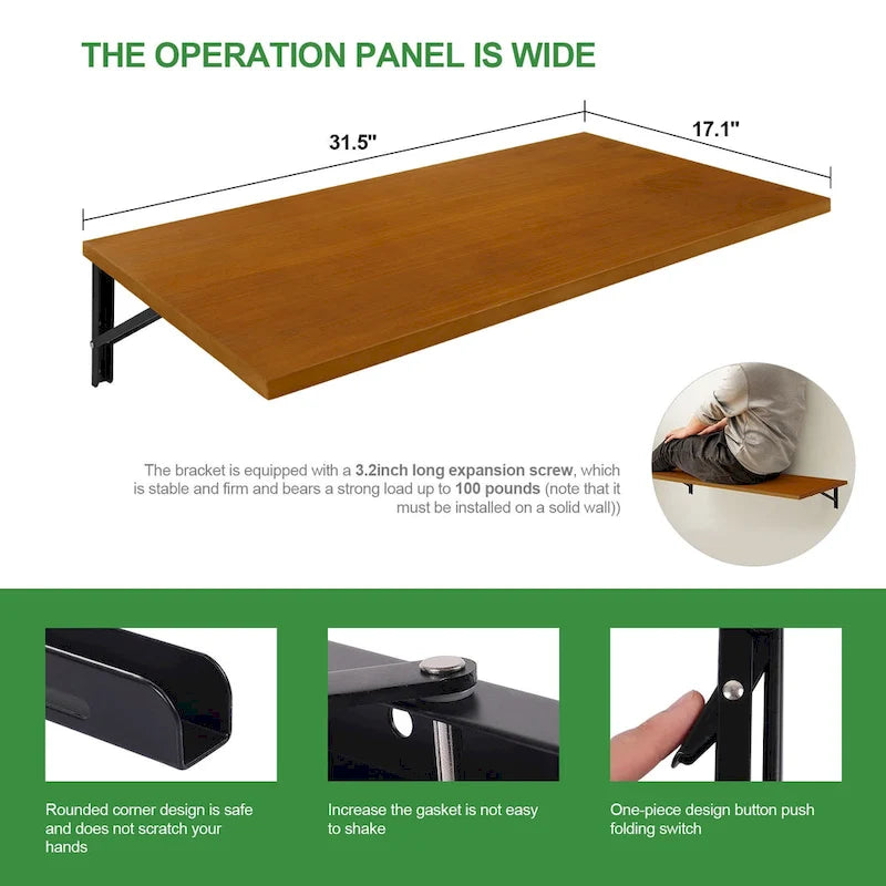 Wall Mounted Folding Desk with Wooden Shelf - Brown