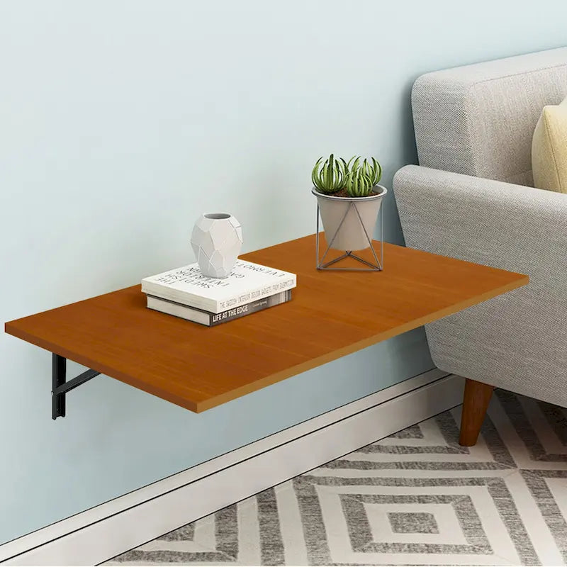 Wall Mounted Folding Desk with Wooden Shelf - Brown