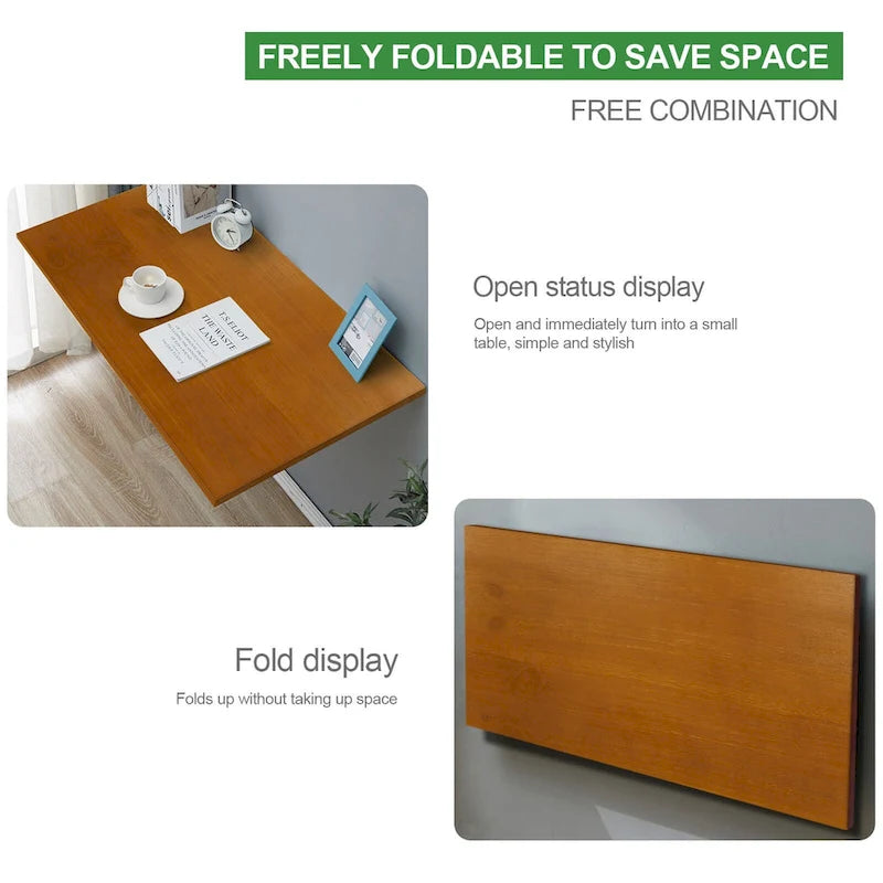 Wall Mounted Folding Desk with Wooden Shelf - Brown