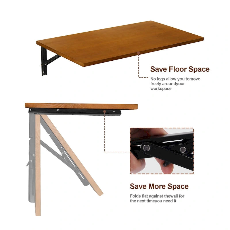 Wall Mounted Folding Desk with Wooden Shelf - Brown