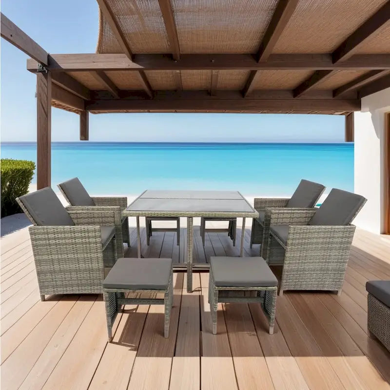 9 Pieces Patio Dining Sets Outdoor Space Saving Rattan Chairs with Glass Table