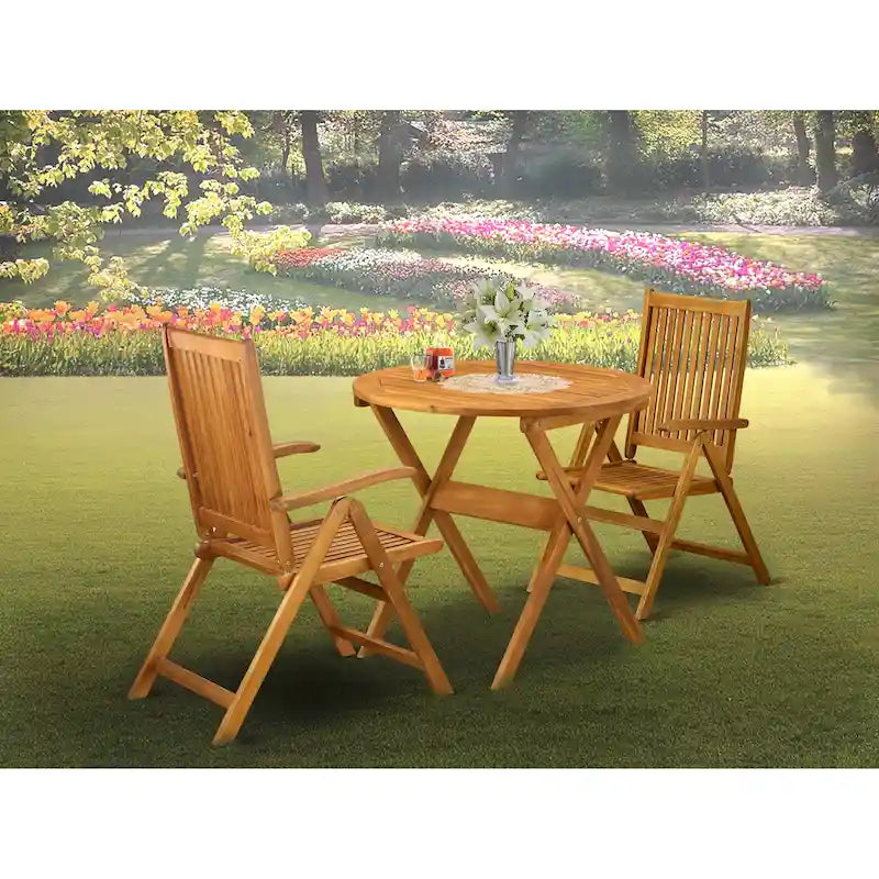 East West Furniture Outdoor Set Contains a Round Wood Coffee Table and 2 Folding Adjustable Arm Chairs, Natural Oil - MNCN3C5NA