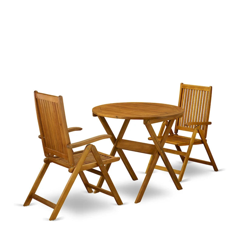 East West Furniture Outdoor Set Contains a Round Wood Coffee Table and 2 Folding Adjustable Arm Chairs, Natural Oil - MNCN3C5NA