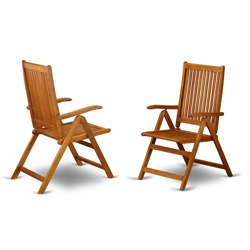 East West Furniture Outdoor Set Contains a Round Wood Coffee Table and 2 Folding Adjustable Arm Chairs, Natural Oil - MNCN3C5NA