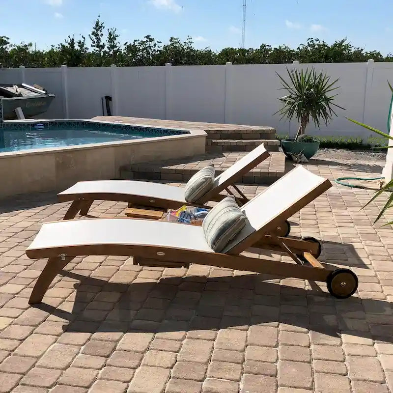 Chic Teak Bahama Teak Wood Pool Lounger With Batyline Mesh, White
