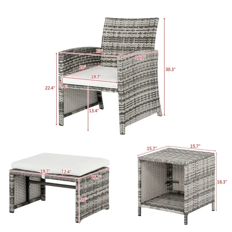 5 Piece Coastal Style Gray Rattan Conversation Set with White Cushions