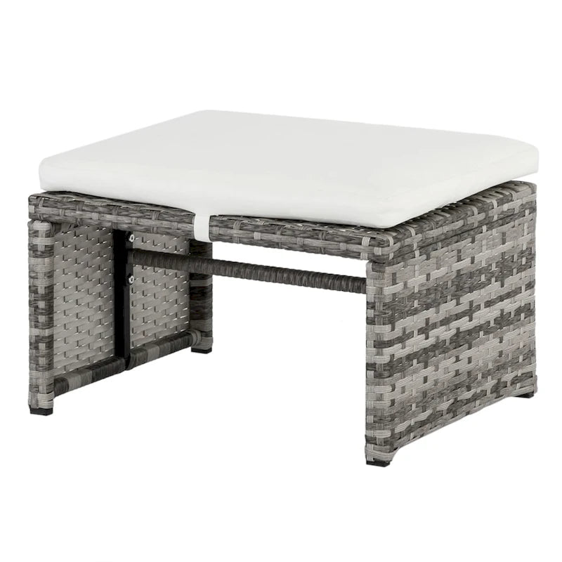 5 Piece Coastal Style Gray Rattan Conversation Set with White Cushions