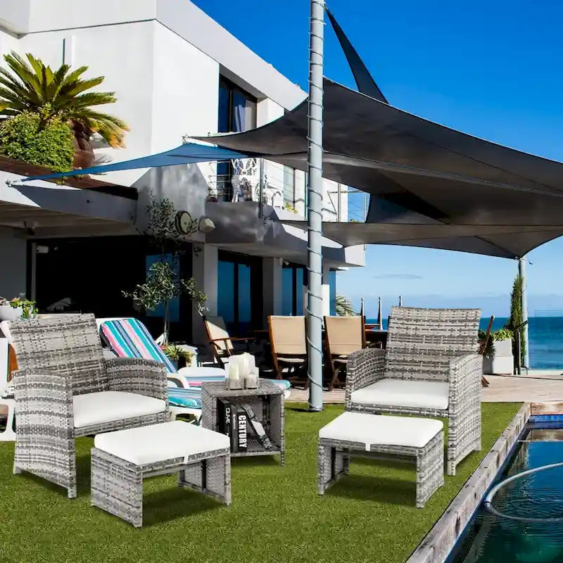 5 Piece Coastal Style Gray Rattan Conversation Set with White Cushions