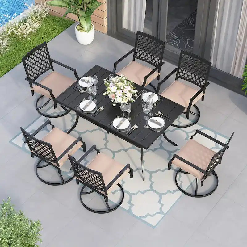 MAISON ARTS 7 Pieces Patio Dining Set, 6 x Swivel Dining Chairs with Cushion and 1 Metal Table with 2.6  Umbrella Hole
