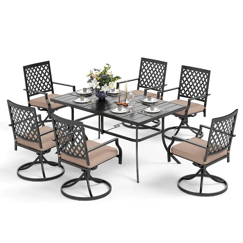MAISON ARTS 7 Pieces Patio Dining Set, 6 x Swivel Dining Chairs with Cushion and 1 Metal Table with 2.6  Umbrella Hole